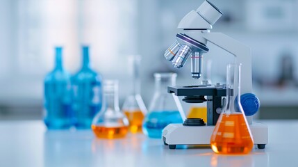 Orange microscope and glass flasks with vibrant blue and orange chemicals on a white table, set against a blurred scientific background