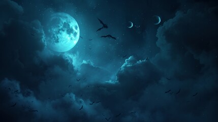Obraz premium A spooky Halloween background concept featuring a night sky with a full moon and eerie clouds