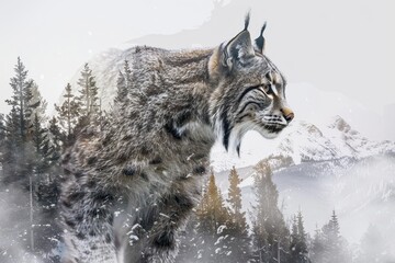 Fototapeta premium A majestic lynx stands poised against a snowy mountainous backdrop, blending seamlessly with the dense forest habitat. The image captures the lynx's stealth and the cold, serene environment.