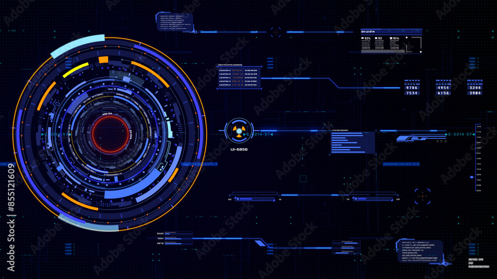 Poster hud futuristic spinning circle crosshair element with digital data, chart for business development, 