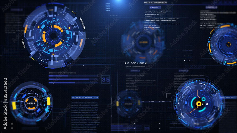 Poster hud futuristic spinning circle crosshair element with digital data, chart for business development, 
