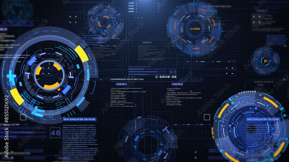 Aufkleber HUD futuristic rotation circle crosshair element with digital data dashboard, chart for business development platform, game, technology illustration.