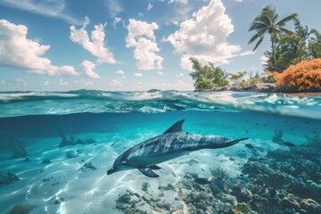 A playful dolphin swims in the clear turquoise waters near a tropical island. The split view image captures the beauty above and below the waterline, featuring coral reefs, vibrant marine life