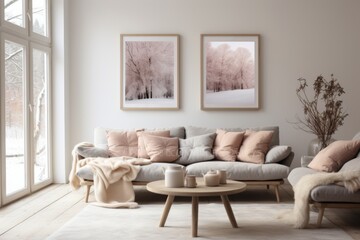 Interior of a Scandinavian minimalist living room with white furniture