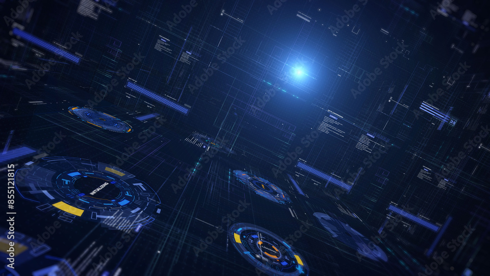 Poster Futuristic user interface infographic with digital hologram information display. HUD system technology perspective or landscape view illustration background