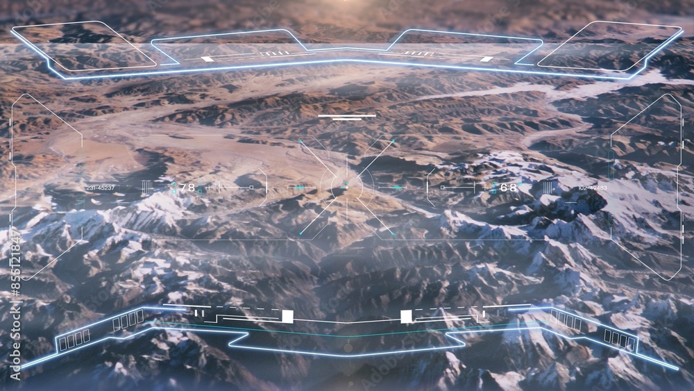 Poster hud aerial view science fiction landscape flying over mountain with ui scanning interface military w