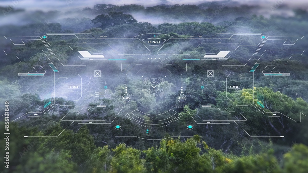 Poster hud navigation screen system aerial view explorer jungle landscape flying over mountain and cloud. u