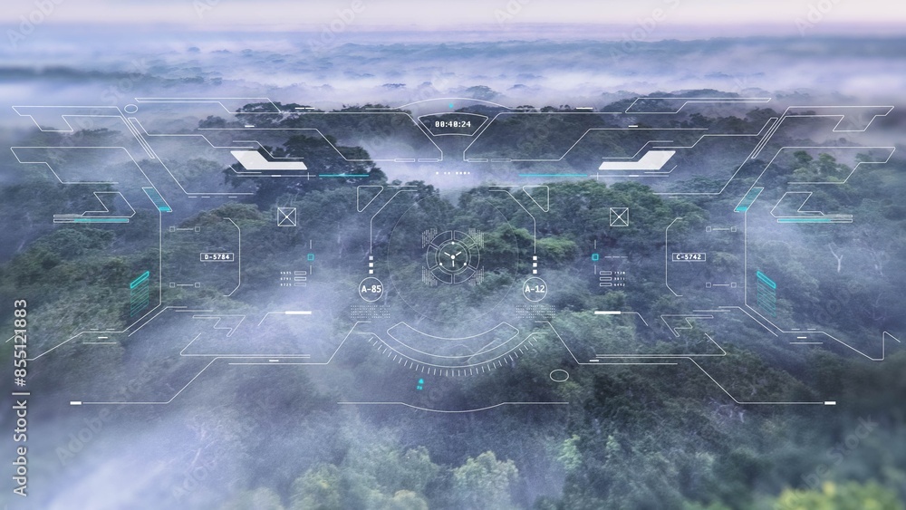 Poster hud navigation screen system aerial view explorer jungle landscape flying over mountain and cloud. u