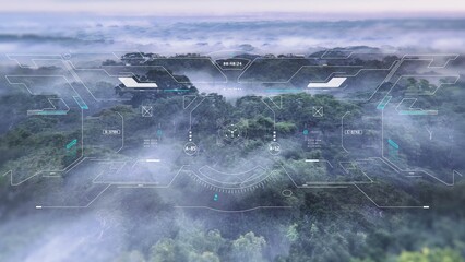 HUD navigation screen system aerial view explorer jungle landscape flying over mountain and cloud. UI aim scanning interface military weapon concept illustration