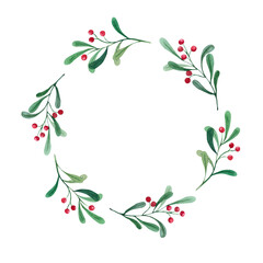 Fototapeta premium Watercolor round frame with twigs and red berries. New Year and Christmas card with place for text. Lingonberry berries and greens, plant branches, botanical illustration.