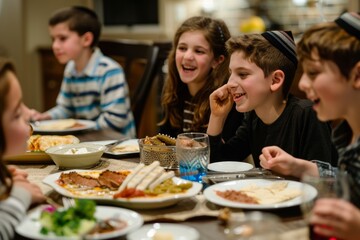 Passover celebration - children participating in the Seder rituals, asking the Four Questions, searching for the Afikoman