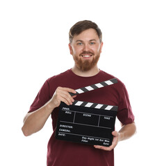 Making movie. Smiling man with clapperboard on white background