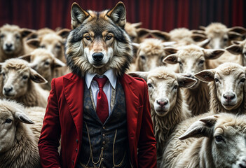 A wolf in a classic three-piece suit against the backdrop of a flock of sheep