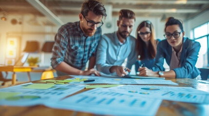 Obraz premium Business professionals consult and organize big data summaries, sharing paper documents and charts in a close-up conference meeting.