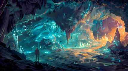 Obraz premium a man walking in cave, Striking stalactites and stalagmites cling to the walls and floors of these whimsical caverns, abstract backdrop