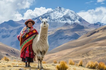 cholita woman of Bolivia with llama in picturesque landscape with mountains