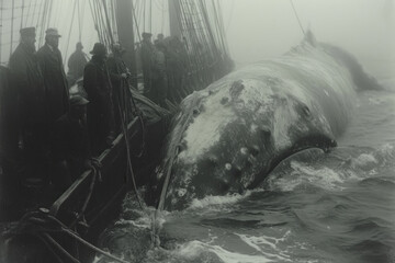 Historic whaling scene with a ship and crew at sea