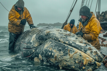 Naklejka premium Fishermen inspecting large whale washed ashore on a rugged coast