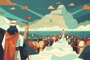 Obraz premium Exodus story - Moses leading the Israelites out of Egypt, crossing the Red Sea, receiving the Ten Commandments at Mount Sinai, symbolizing the central narrative of Passover