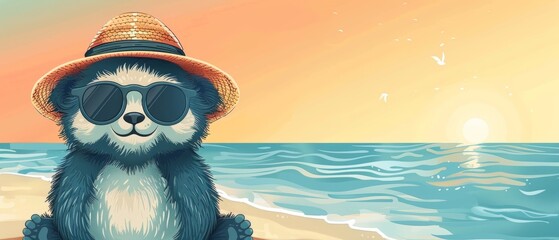 Cute cartoon dog wearing sunglasses and a hat on a beach.