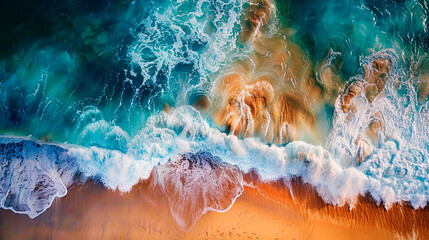 Aerial view of ocean waves crashing on the sandy beach, daytime. Concept of nature's beauty and power. Ideal for travel marketing, coastal conservation campaigns, and environmental awareness.