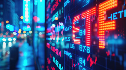 Fototapeta premium ETF glowing text on blurred background. Business, finance, crypto currency market concept 