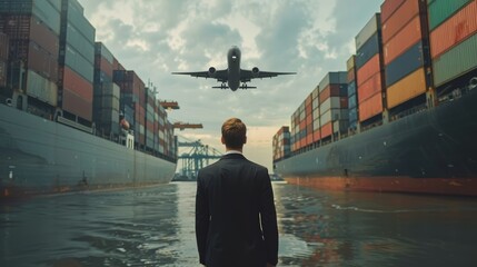 A businessman stands between two cargo ships as a plane flies overhead.  The image represents...