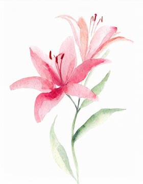 Hand drawn watercolor pink lily flower isolated on white background
