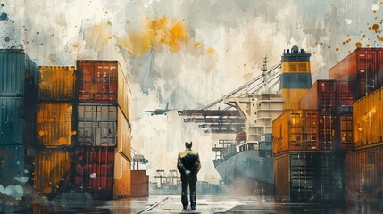 A lone figure stands amidst a busy shipping port, surrounded by towering cargo containers and cranes
