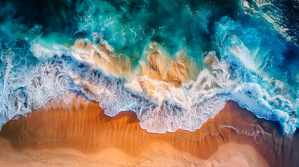 Aerial view of ocean waves crashing on the sandy beach, daytime. Concept of nature's beauty and power. Ideal for travel marketing, coastal conservation campaigns, and environmental awareness.