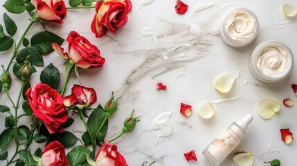 Skin creams and roses on white table