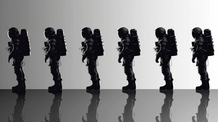 Obraz premium Vector illustration of multiple astronauts on a gray background, simple design, flat vector graphic with white outlines, white and black color palette, minimalistic style, high resolution