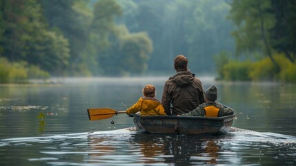 A father and his two children are rowing a small boat on a misty lake. They are surrounded by lush greenery, and the air is thick with fog.