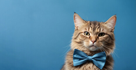 Handsome cat wearing a bow tie on a simple background with copy space