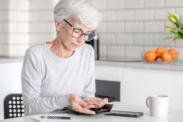 Smiling Elderly Woman Counts Euro Money In Wallet