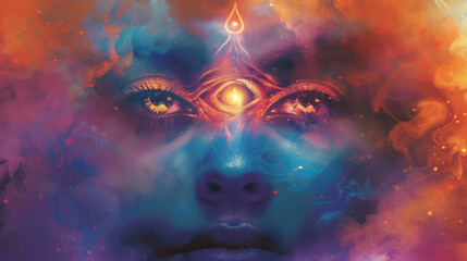 Third eye is on woman's forehead, symbol of spirituality, spiritual awakening, mindfulness, meditation and healing