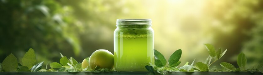 Fresh green smoothie fruit drink in a jar