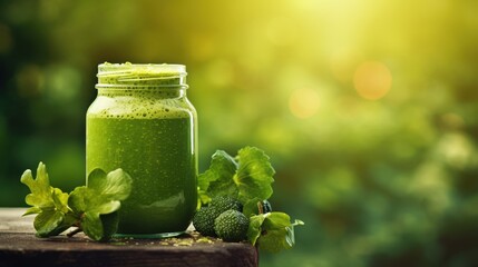 Fresh green smoothie fruit drink in a jar