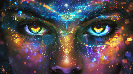 Third eye is on woman's forehead, symbol of spirituality, spiritual awakening, mindfulness, meditation and healing
