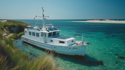 Fototapeta premium A white boat with solar panels is moored near a sandy beach in clear turquoise waters.