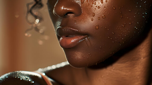 close up of sweat beads on dark skinned woman's shoulder in natural light