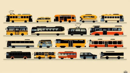  Vector illustration of multiple buses on a yellow background, simple design, flat vector graphic with white outlines, white and black color palette, minimalistic style, high resolution