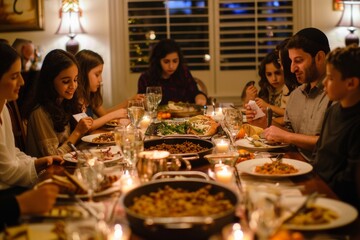 reading the Haggadah - people gathered around Seder table, as they recite the Passover story, recount the Exodus from Egypt, emphasizing the importance of storytelling and remembrance during holiday