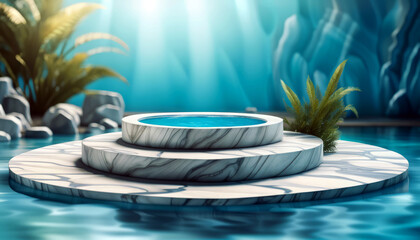 Fototapeta premium Podium water background product display scene 3d marble stand stone summer platform. Mockup background water beauty white podium rock space cosmetic stage blue presentation nature light