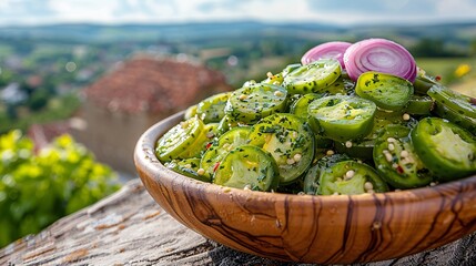 Pickled Cucumbers in a Wooden Bowl with Red Jalapeno Peppers and Onion Slices, Set Against a Scenic Country View Background