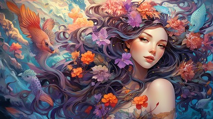 A beautiful woman with flowers in her hair surrounded by fish.