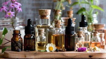Essential oils and glass bottles on wooden table with natural backdrop