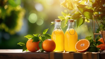 Fresh orange juices in glass bottles with green leaves on natural background 