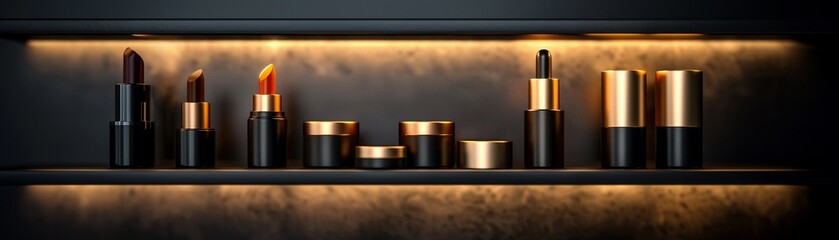 Elegant display of various highend cosmetics on sleek black shelves in a luxurious beauty store, featuring lipsticks, foundations, and skincare products with modern lighting