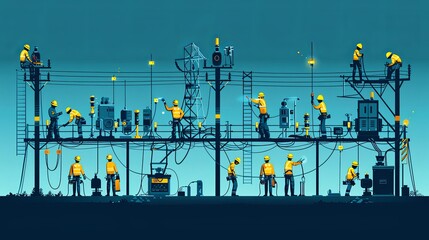 Obraz premium Vector illustration set of electrical workers. Illustration for website, landing page, mobile app, poster and banner. Trendy flat vector illustration